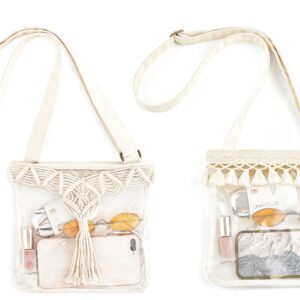 Mkono Clear Bag Stadium Approved Boho Clear Crossbody Purse with Macrame Tassel PVC Transparent Shoulder Bag for Concerts, Festivals, Gym or Work