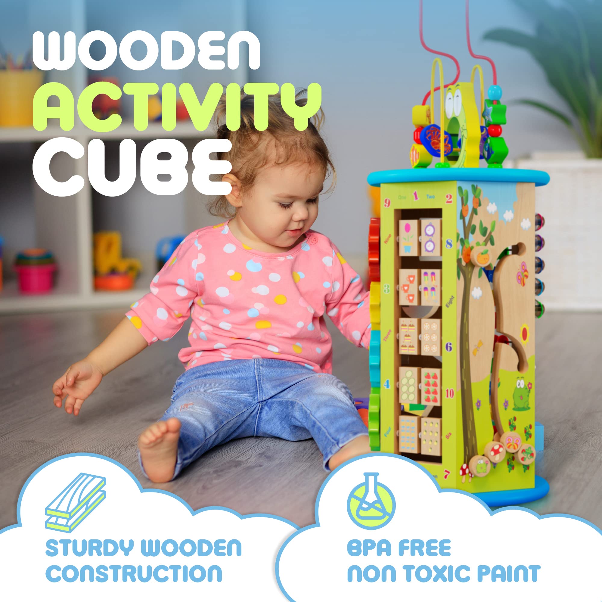 Wooden Activity Cube for Toddlers 1-3 with Bead Maze - Birthday Gift Busy Baby Activity Cube for Babies 12 Months - Standing Wood Sensory Learning Cube Play Center Toys for 1 Year Old Boys & Girls