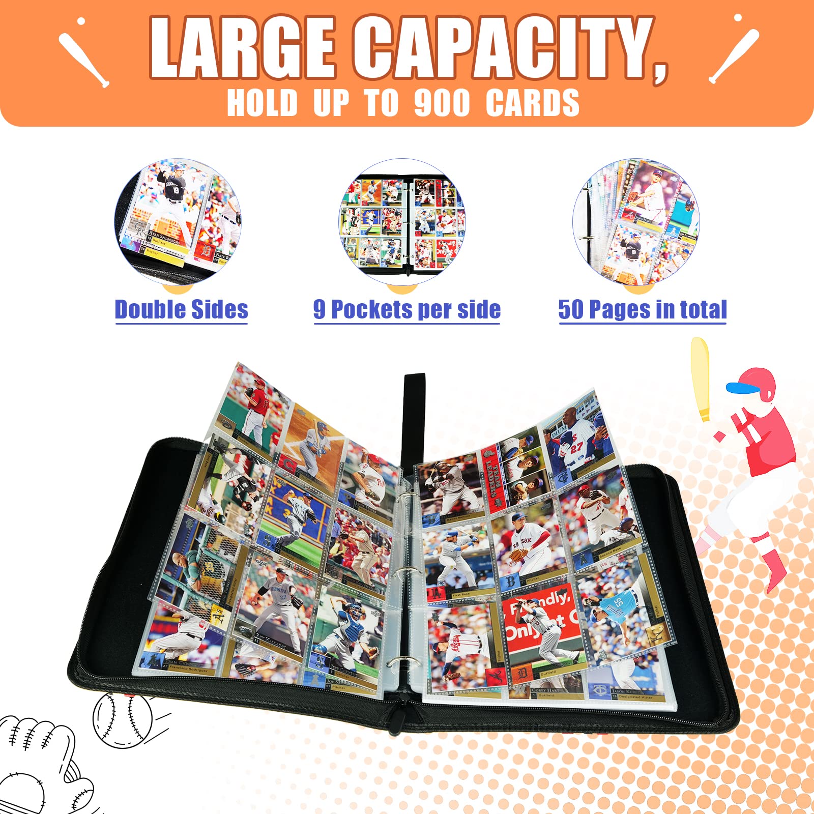 Sunhorse Card Binder 900 Pockets, Trading Card Binder with Sleeves, Baseball Card Binder, Trading Card Albums Sports Card Binder Collectible Fits 900 Cards with 50 Removable Sleeves