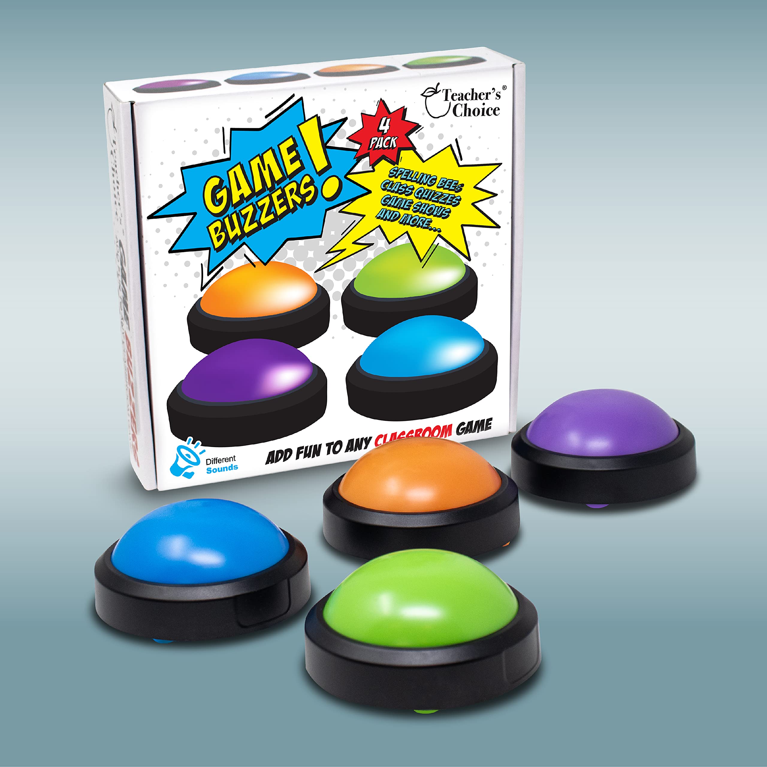 Teacher's Choice 4 Pack Game Buzzers with Unique Loud Sounds for Each Buzzer | Great for Trivia Games, Family Feud, Jeopardy, Competition, Spelling Bees and more