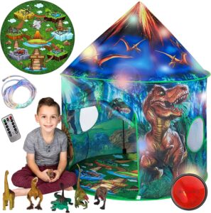 dinosaur pop up kids’ play tent by toy to enjoy indoor & outdoor, boys & girls includes remote controlled lights, roar sound button & 6 different toys