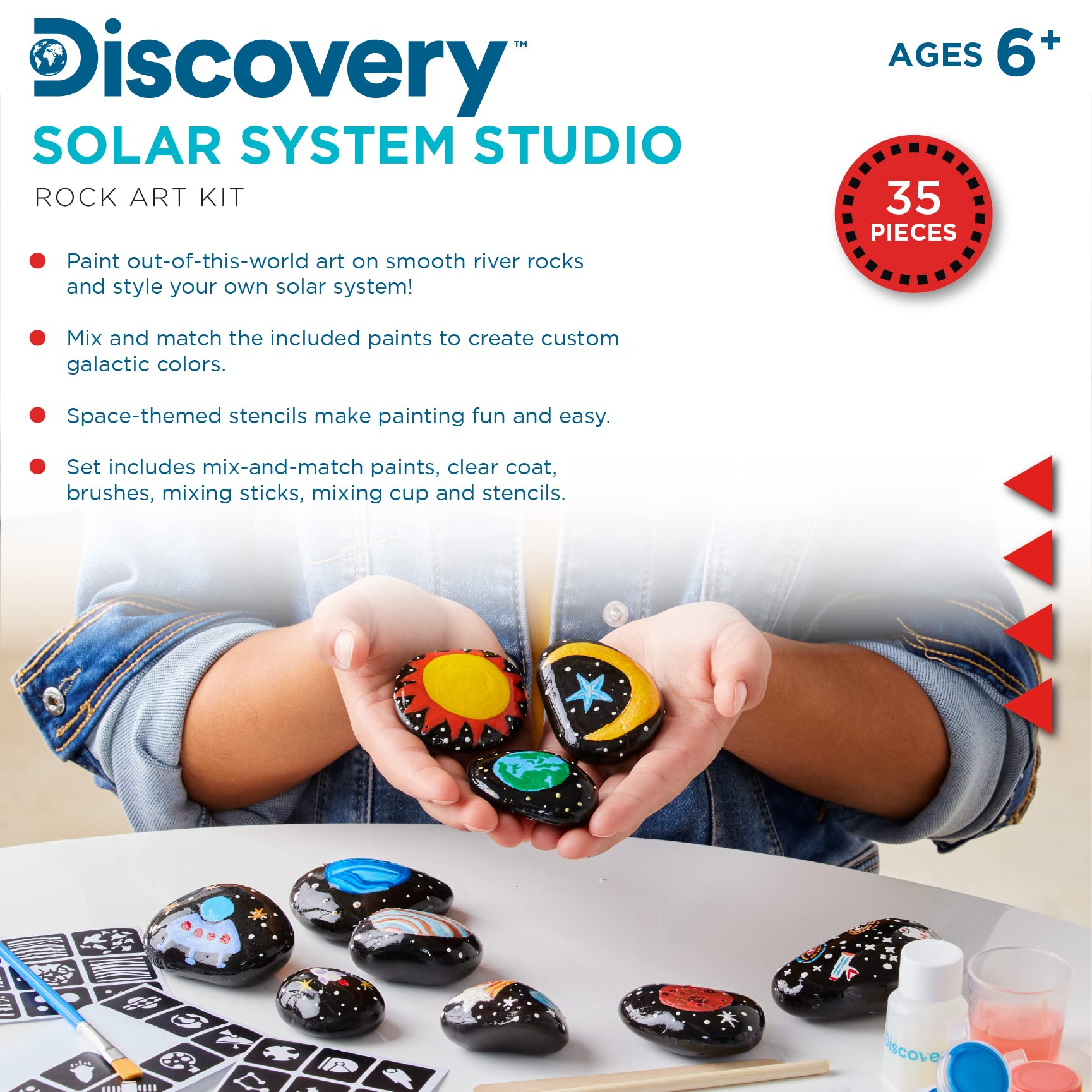 Discovery Kids Solar System Rock Art Studio, Includes 8 Metallic Acrylic Paints & 10 Smooth River Rocks, STEM Learning Activity Set, DIY Arts & Crafts Painting Bundle, 35-Piece, Age 5+