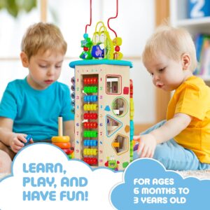 Wooden Activity Cube for Toddlers 1-3 with Bead Maze - Birthday Gift Busy Baby Activity Cube for Babies 12 Months - Standing Wood Sensory Learning Cube Play Center Toys for 1 Year Old Boys & Girls