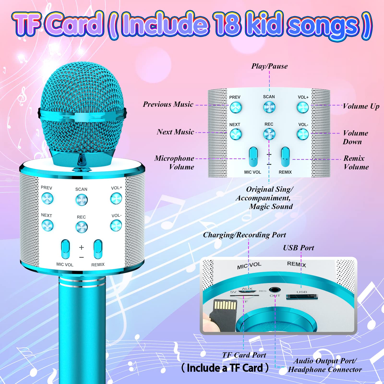 Kingci Kids Microphone, Girls Toy Microphones for Toddler Singing Bluetooth + 18 Pre-Loaded Nursery Rhymes, Birthday Gifts Toys Microphone for 3 4 5 6 7 8 9 10 12 Year Old Girls Boys