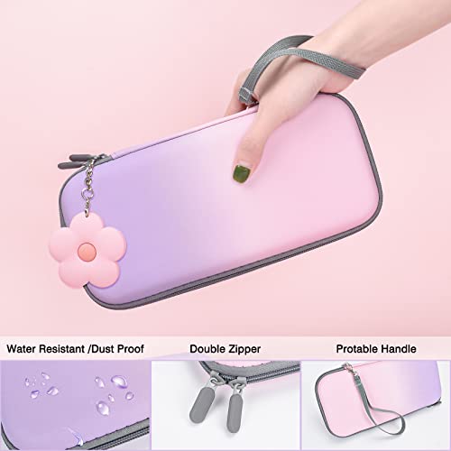 DLseego Pink and Purple Switch Case Set Gradient Carrying Case with 10 Slots Cute Protective Dockable Hard Shell with 4PCS Glitter Cat Paw Thumb Grips Caps and 1PC Flower Blossom Chain For Switch 2017