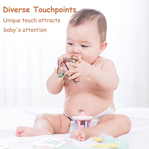 AULEGE Baby Teething Toy for Babies 3-12 Months, Silicone Baby Teether Toys with Rattle, Rattle Sensory Teether Toy, Baby Chew Toys for Teething Relief, BPA Free, Beige