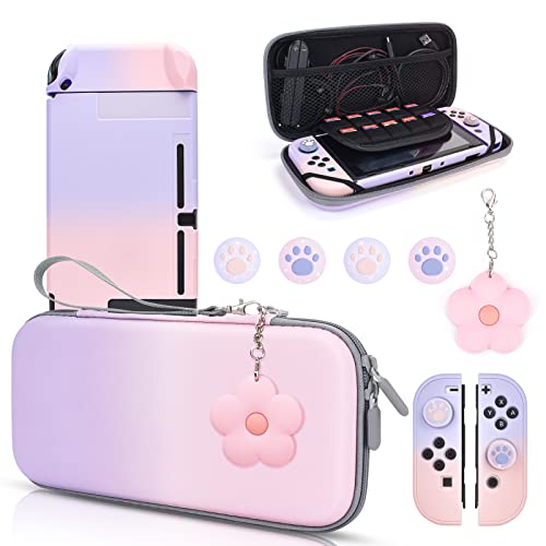 DLseego Pink and Purple Switch Case Set Gradient Carrying Case with 10 Slots Cute Protective Dockable Hard Shell with 4PCS Glitter Cat Paw Thumb Grips Caps and 1PC Flower Blossom Chain For Switch 2017