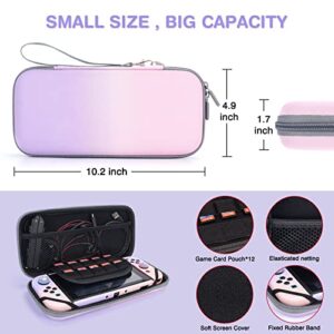 DLseego Pink and Purple Switch Case Set Gradient Carrying Case with 10 Slots Cute Protective Dockable Hard Shell with 4PCS Glitter Cat Paw Thumb Grips Caps and 1PC Flower Blossom Chain For Switch 2017