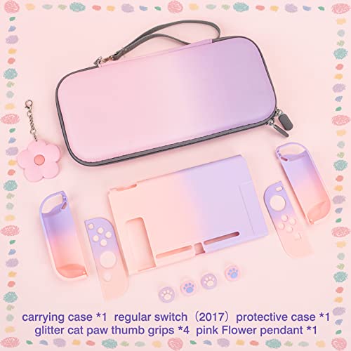 DLseego Pink and Purple Switch Case Set Gradient Carrying Case with 10 Slots Cute Protective Dockable Hard Shell with 4PCS Glitter Cat Paw Thumb Grips Caps and 1PC Flower Blossom Chain For Switch 2017