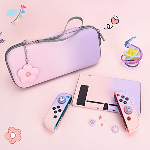 DLseego Pink and Purple Switch Case Set Gradient Carrying Case with 10 Slots Cute Protective Dockable Hard Shell with 4PCS Glitter Cat Paw Thumb Grips Caps and 1PC Flower Blossom Chain For Switch 2017