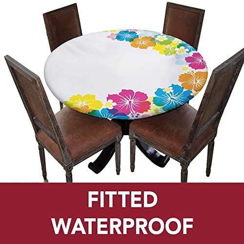 Luau Elastic Edged Polyester Fitted Table Cover,Vibrant Colorful Border Design Blossoming Print Round Fitted Tablecloth, XLarge, Fit Round Tables up 59"-63" Diameter, for Wedding Party Dining Banquet