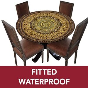 Mandala Round Fitted Tablecloth with Elastic Edge,Brown Mandala Pattern in Dark Print Polyester Table Cloth, XLarge, Fit Round Tables up 59"-63" Diameter, for Christmas Wedding Party Dining Banquet