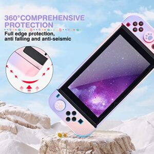 DLseego Pink and Purple Switch Case Set Gradient Carrying Case with 10 Slots Cute Protective Dockable Hard Shell with 4PCS Glitter Cat Paw Thumb Grips Caps and 1PC Flower Blossom Chain For Switch 2017