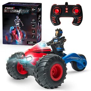 force1 storm rider remote control car for kids - rechargeable fast off road rc car, led stunt toy car with 360 spins, sit stand action figure, rubber tires, 2.4 ghz easy remote indoor outdoor kid car