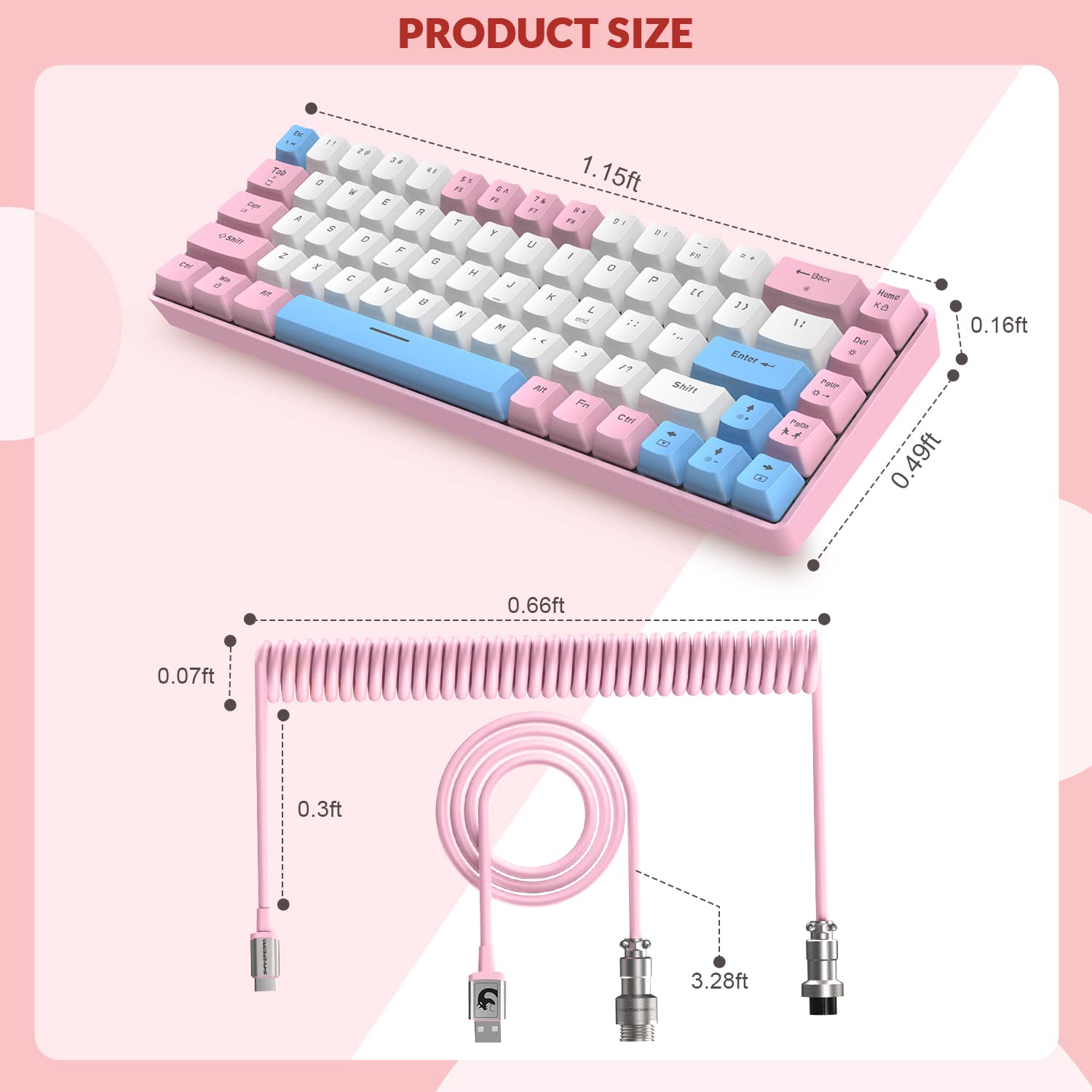 ZIYOU LANG RK-T8 Wired 65% Mechanical Gaming Keyboard with RGB LED Backlit Anti-ghosting TKL Mini 68 Key Custom Coiled C to A Cable Tactile Blue Switch for PS4 PS5 Xbox PC Mac Gamer(Pink/White/Blue)