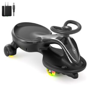 xjd electric wiggle car ride on toy, 2 in 1 wiggle car rechargeable battery with anti-rollover colorful light-emitting wheel for toddler ride on toys 3 years and up (black)