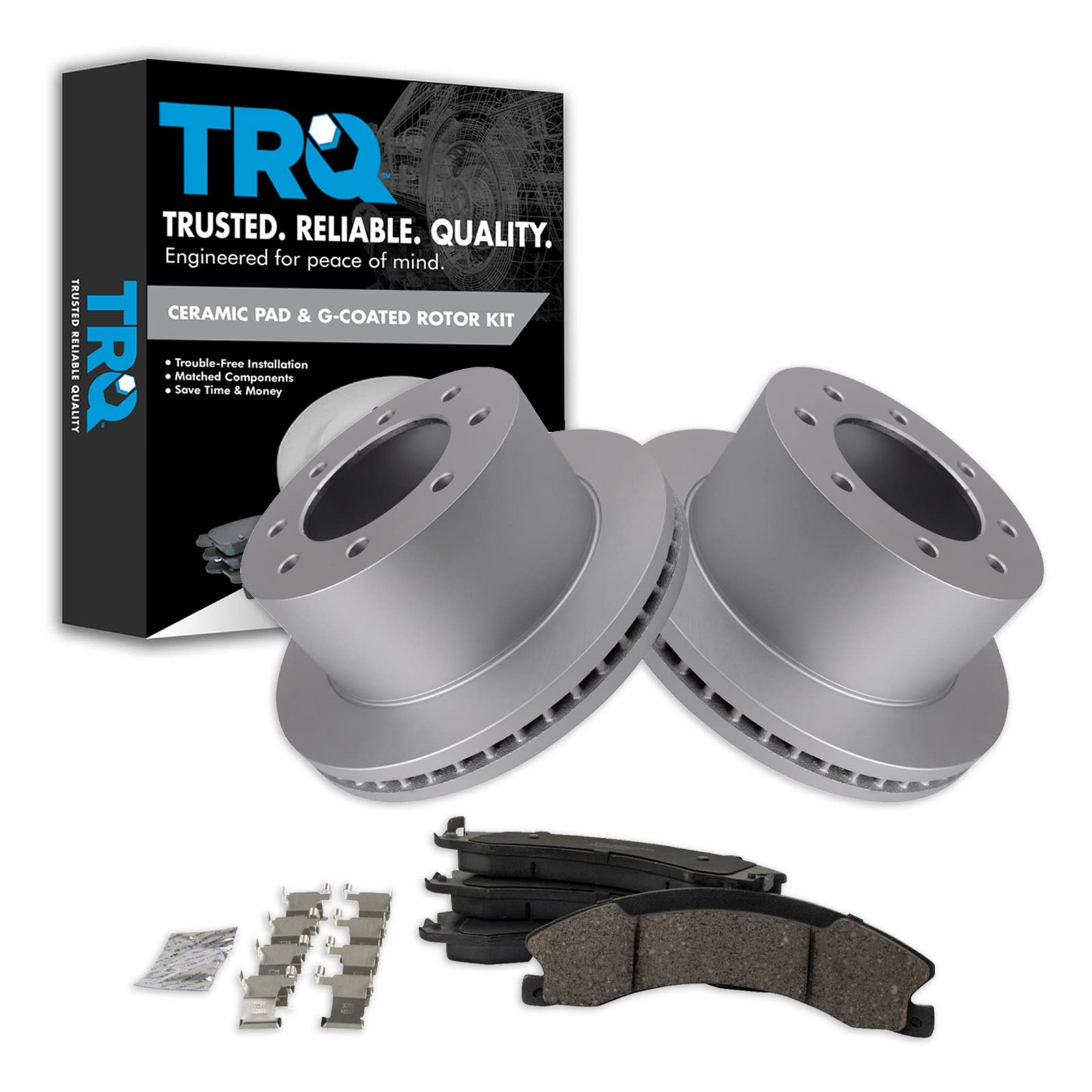 TRQ Rear Brake Pad & Rotor Kit Brake Pads Brake Rotor Ceramic Vented Premium G-Coated Compatible with 2011-2019 Chevrolet Silverado 3500 HD GMC Sierra 3500 HD