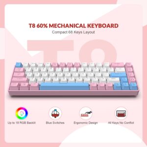 ZIYOU LANG RK-T8 Wired 65% Mechanical Gaming Keyboard with RGB LED Backlit Anti-ghosting TKL Mini 68 Key Custom Coiled C to A Cable Tactile Blue Switch for PS4 PS5 Xbox PC Mac Gamer(Pink/White/Blue)