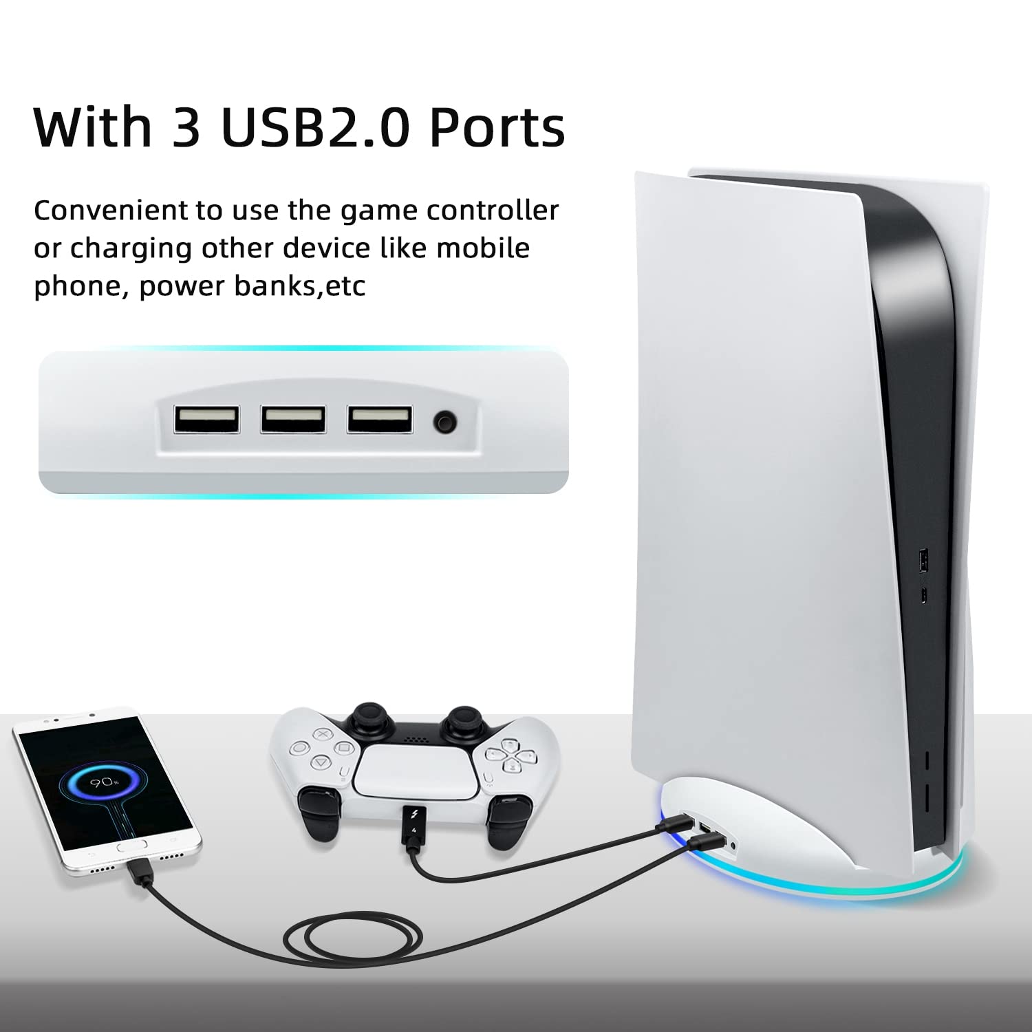 Mcbazel RGB Vertical Stand for PS5 Console, LED Base Gaming Stand with USB Hub Compatible with PS5 Console - White (NOT for PS5 Slim)