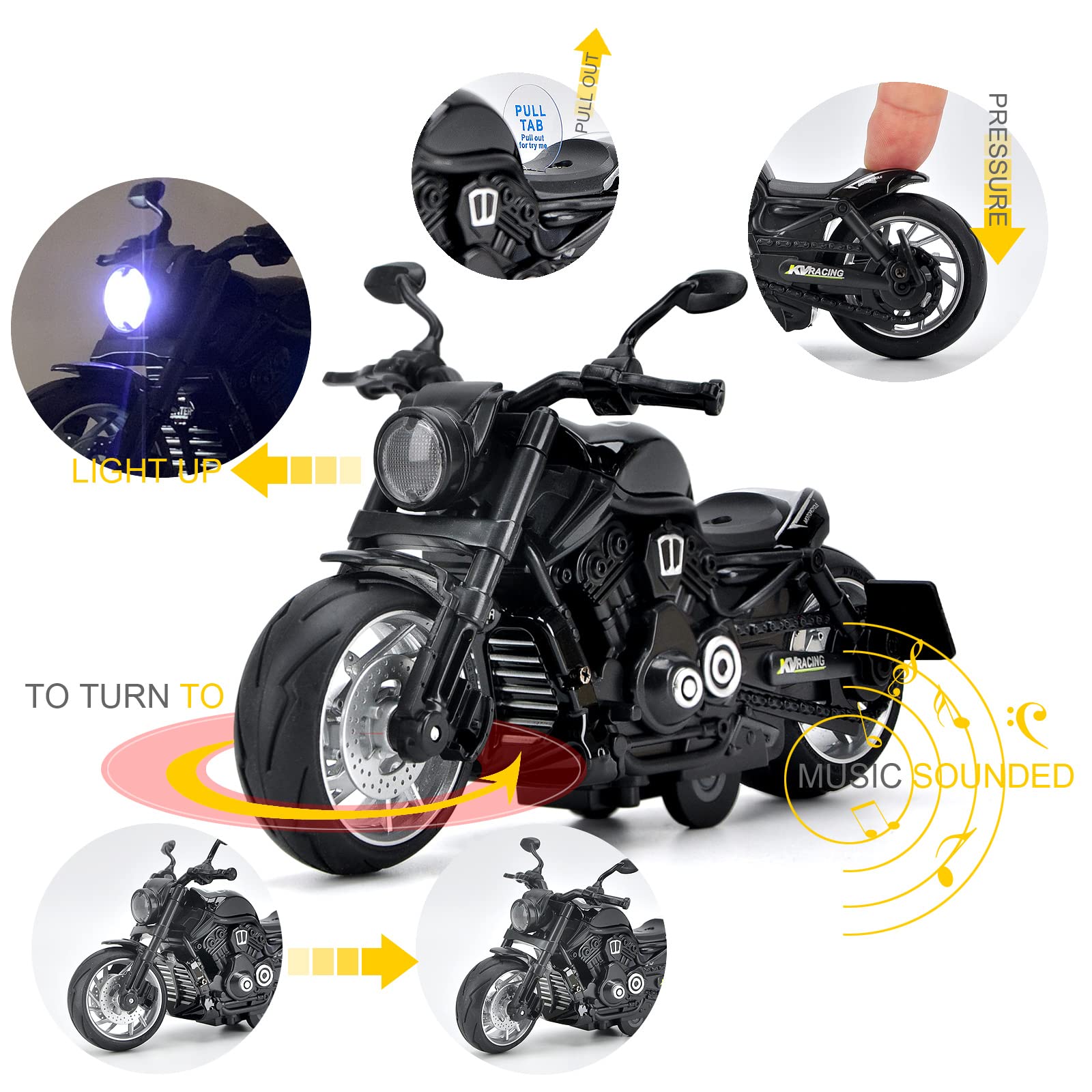 CYYSFIVQZ Toy Motorcycle,Pull Back Motorcycle Toy with Sounds and Lights,1:12 Alloy Motorcycle Model for Boys,Pull Back Motorcycle Toys Gift for Boy Girl (Black)