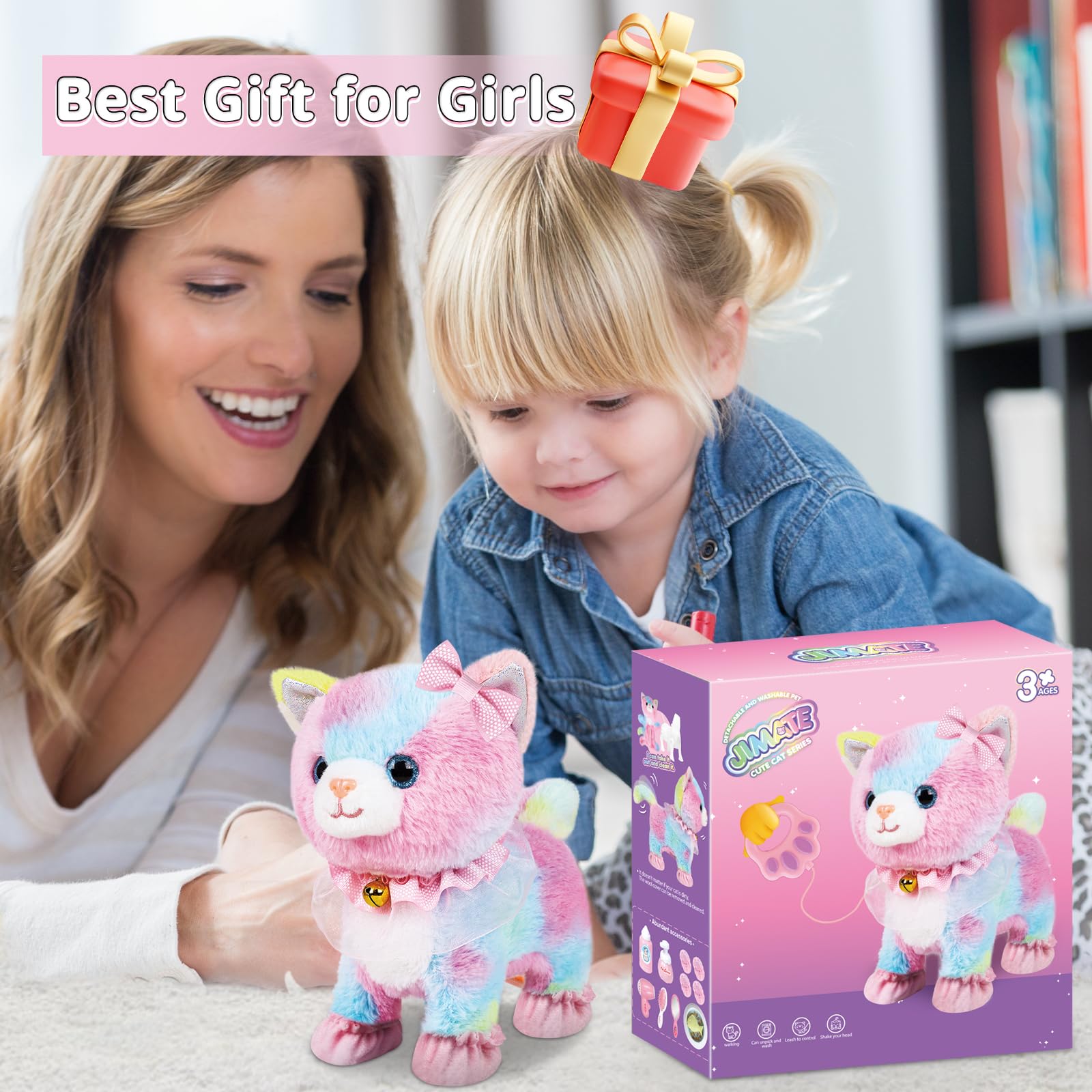 Interactive Electronic Plush Toy Walking and Barking Robot Cat Plush Cat Remote Control Kitten for Girls (Colorful Cat)