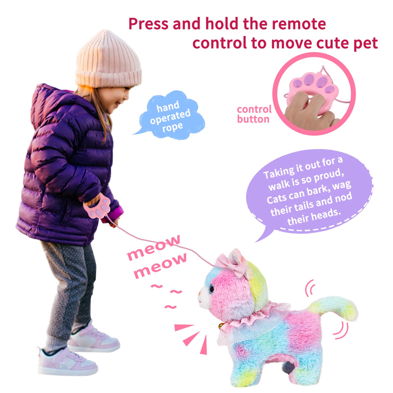 Interactive Electronic Plush Toy Walking and Barking Robot Cat Plush Cat Remote Control Kitten for Girls (Colorful Cat)