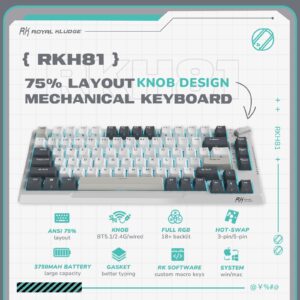 RK ROYAL KLUDGE H81 Hot Swappable Mechanical Keyboard, Triple Mode 2.4Ghz/BT5.1/USB-C Knob Control Wireless Gaming Keyboard Gasket Mounted with RGB Backlit SkyCyan Switch, 75% Layout 81 Keys, White