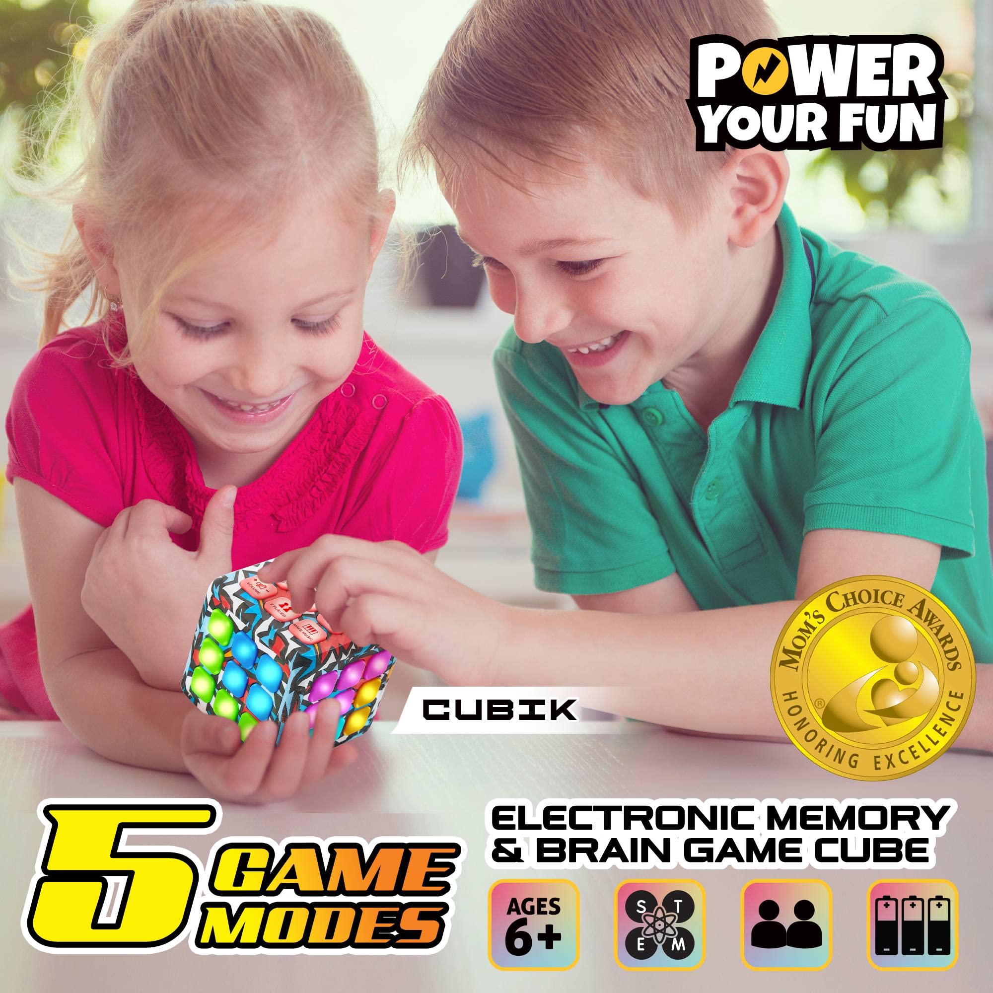 Power Your Fun Cubik LED Flashing Cube Memory Game - Electronic Handheld Game, 5 Brain Memory Games for Kids STEM Sensory Toys Brain Game Puzzle Fidget Light Up Cube Stress Relief Fidget Toy (Action)