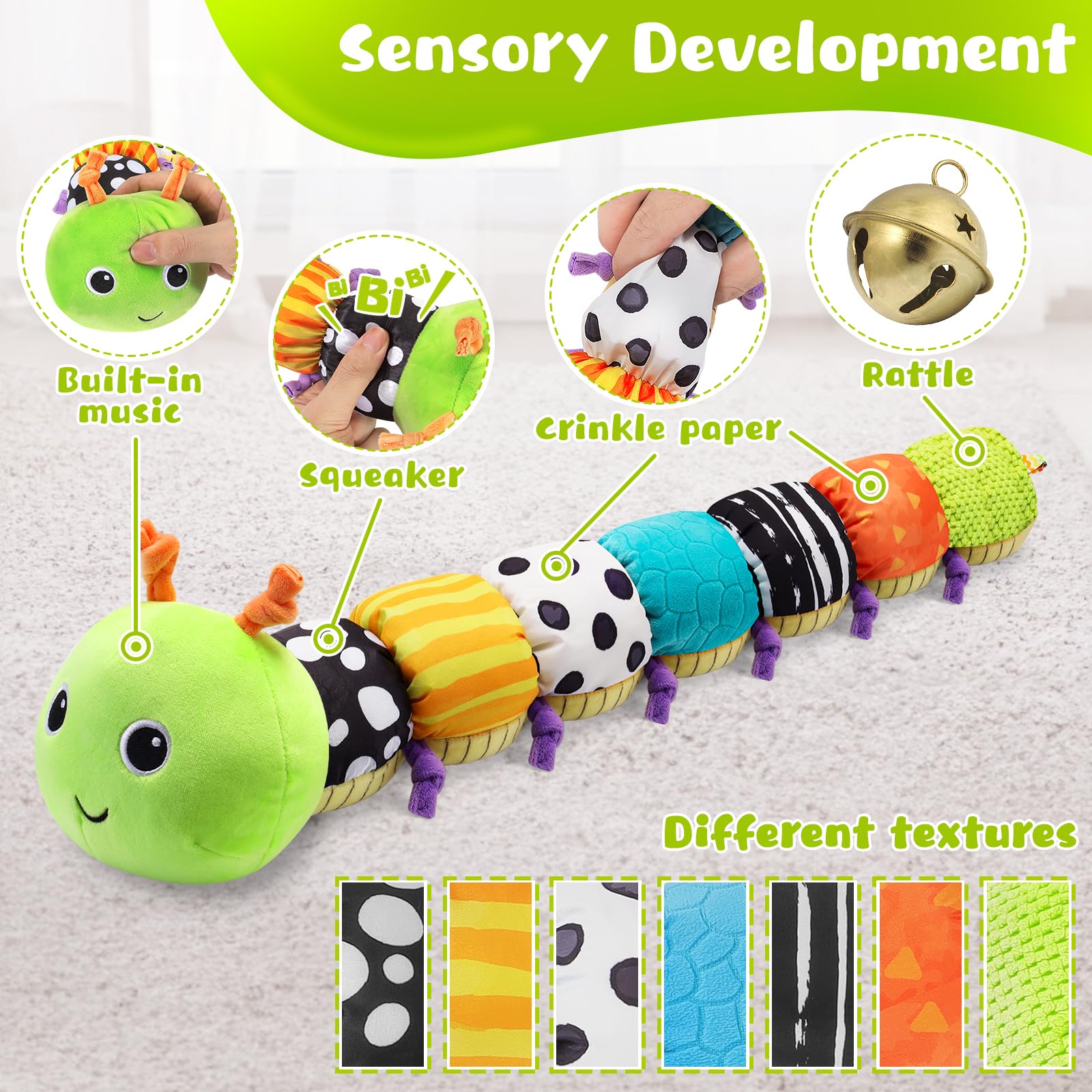 Sirecal Baby Toys 0-6 Months: Infant Musical Stuffed Animal Activity Soft Toys with Multi-Sensory Crinkle, Rattle & Textures, for Tummy Time Newborn 0 3 6 9 12 Months Boys & Girls Gifts, Caterpillar