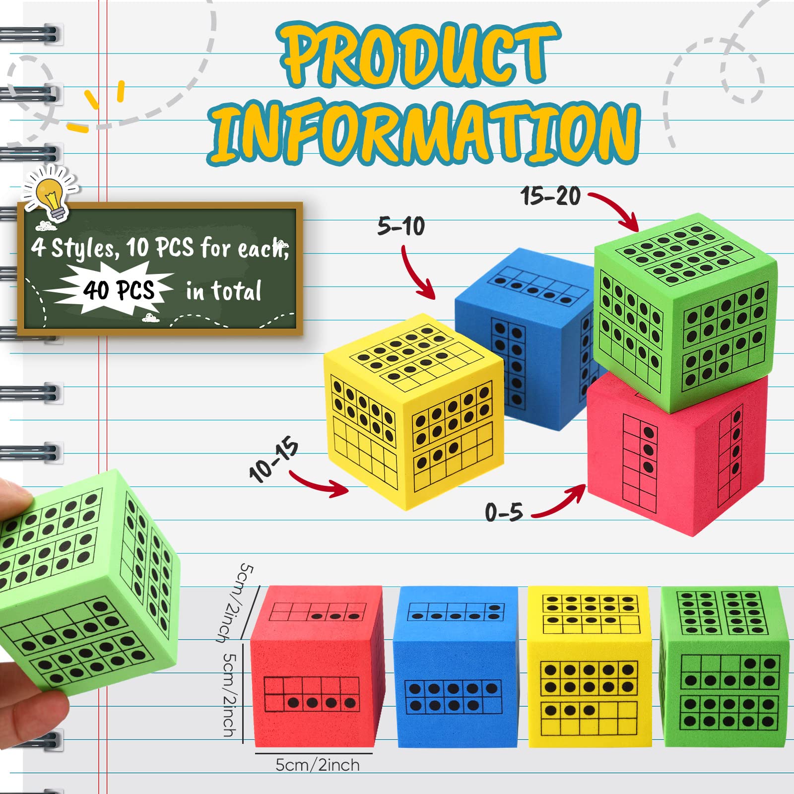 Hanaive 20 Pcs Ten Frame Dice Large Foam Dice for Classroom Math Manipulatives Kindergarten Classroom Supplies for Teachers Elementary Subitizing Dice Educational Counting Toys Math Learning Tools