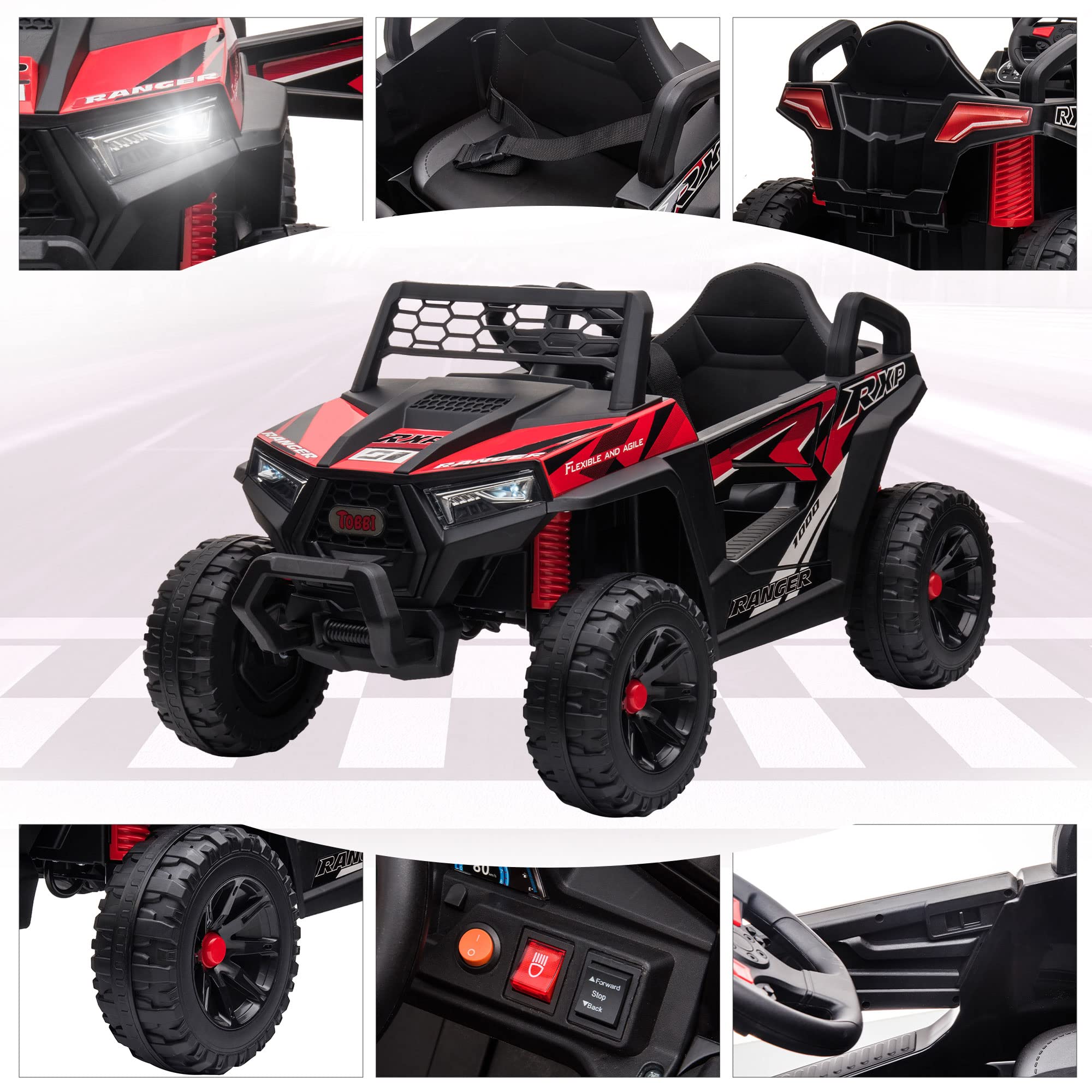 TOBBI 12V Kids Ride on Car, Electric Off-Road UTV Truck with Forward and Reverse Functions, Double Open Doors, Safety Belt, Horn, Music, and Lights for Kids Aged 3-5 Years (Red)