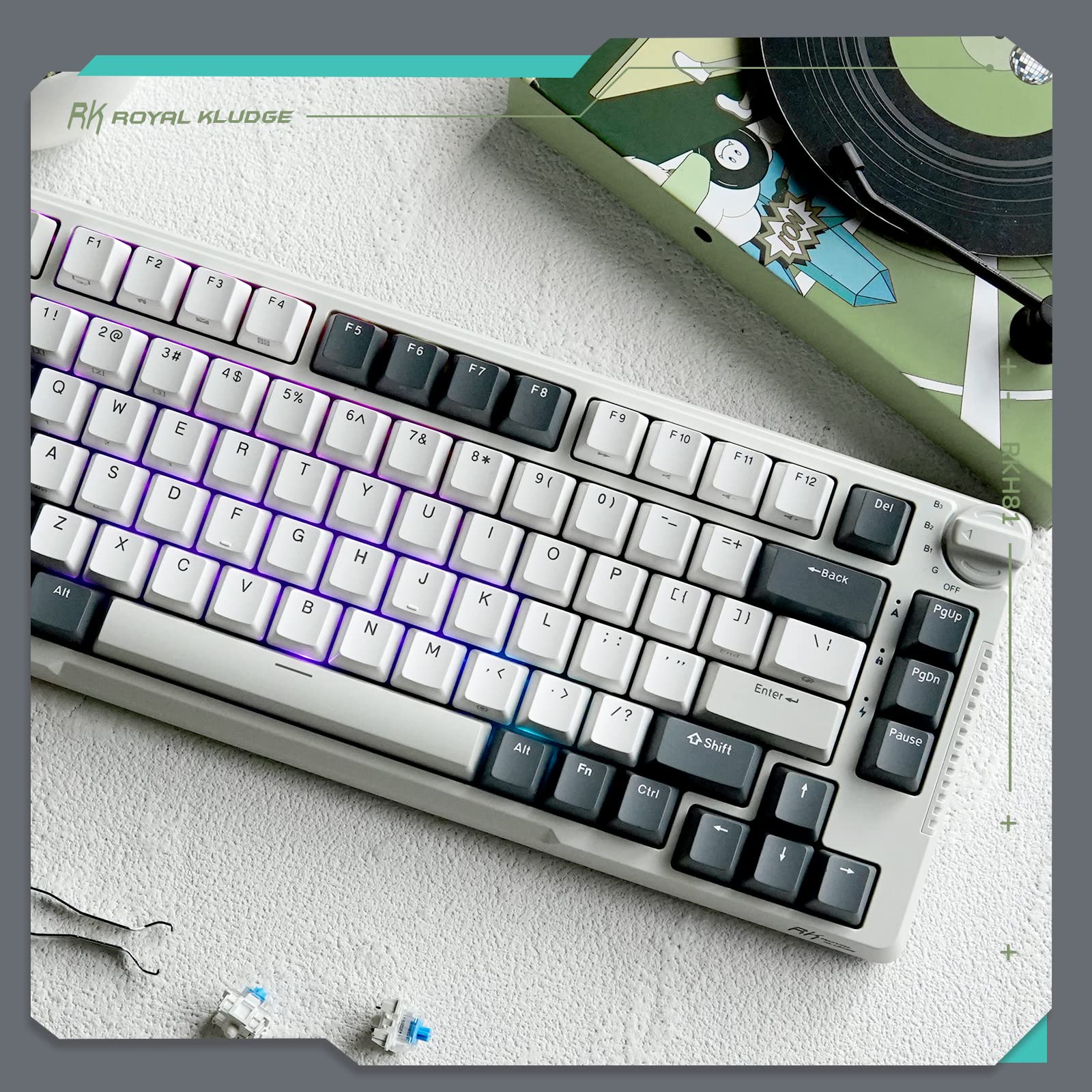 RK ROYAL KLUDGE H81 Hot Swappable Mechanical Keyboard, Triple Mode 2.4Ghz/BT5.1/USB-C Knob Control Wireless Gaming Keyboard Gasket Mounted with RGB Backlit SkyCyan Switch, 75% Layout 81 Keys, White