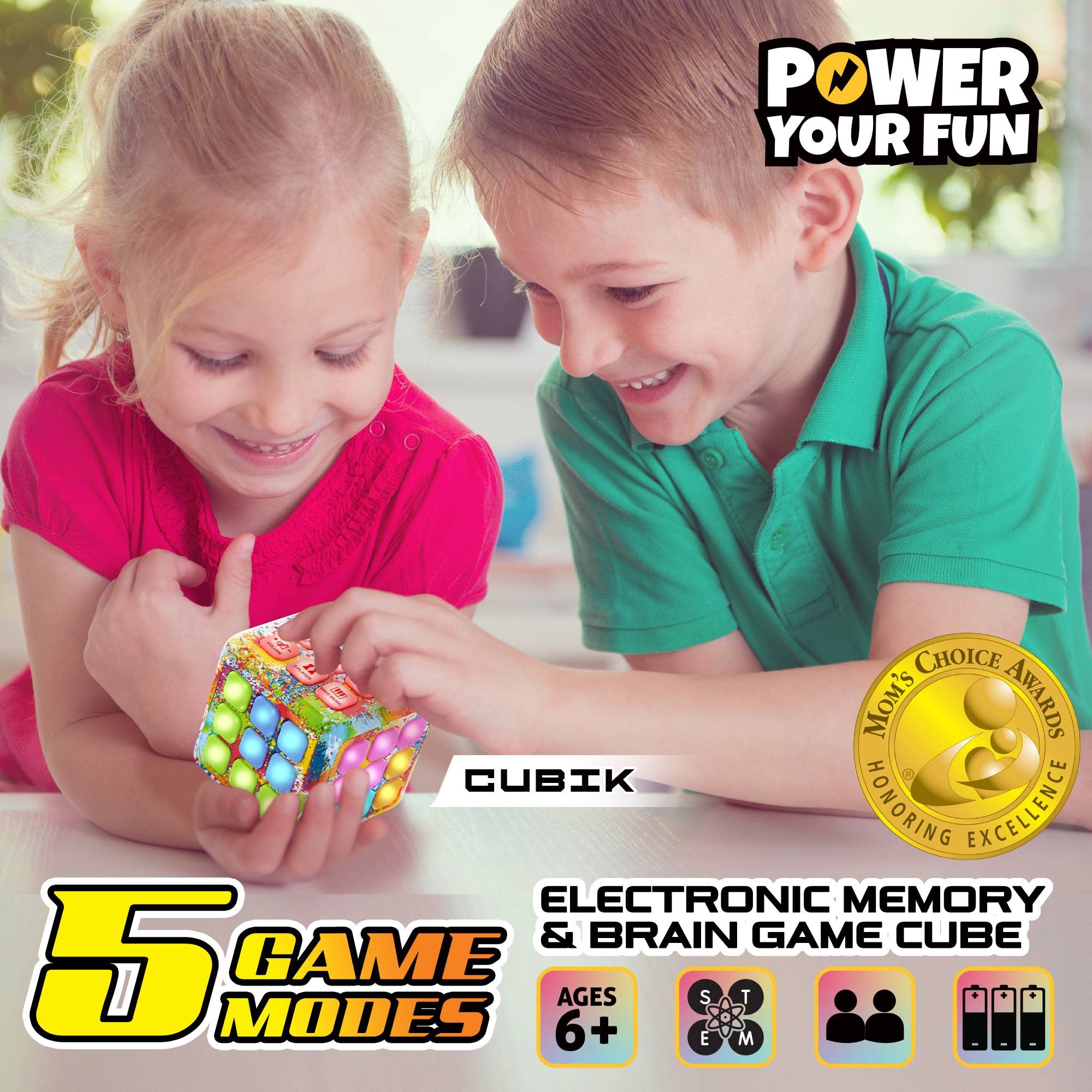 Power Your Fun Cubik LED Flashing Cube Memory Game - Electronic Handheld Game, 5 Brain Memory Games for Kids STEM Sensory Toys Brain Game Puzzle Fidget Light Up Cube Stress Relief Fidget Toy (Tie Dye)