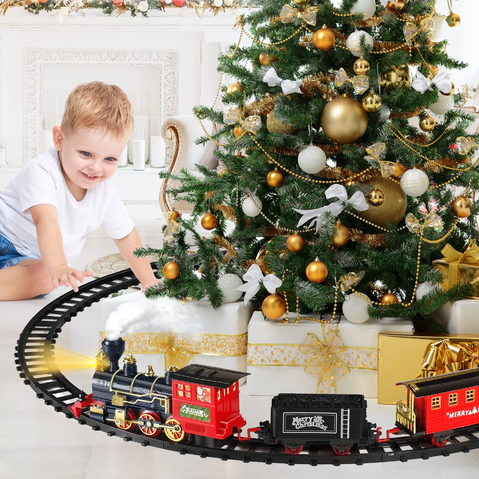 Shemira Christmas Train Set, Train Toys for Boys Girls,Toy Train with Light Smoke and Sound,Steam Train Set for Around Christmas Tree,Christmas Train Toys Gifts for 3 4 5 6 7 8+ Year Old Kids