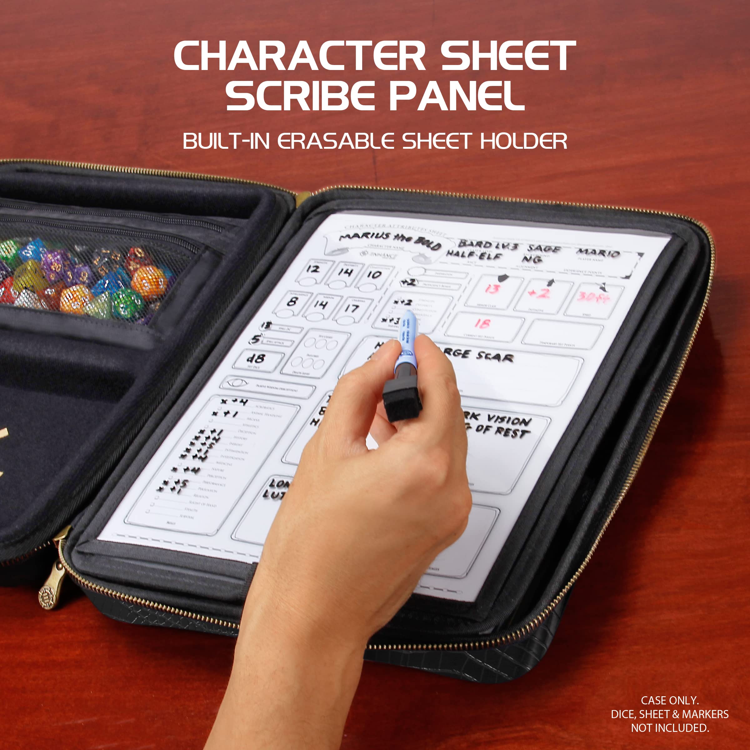 ENHANCE DnD Binder - Collector's Edition RPG Organizer Case with Built-in Character Sheet Holder and Erasable Scribe Panel, Dice Rolling Area, Removable Pen Pouch, Miniature Foam Tray (Dragon Black)