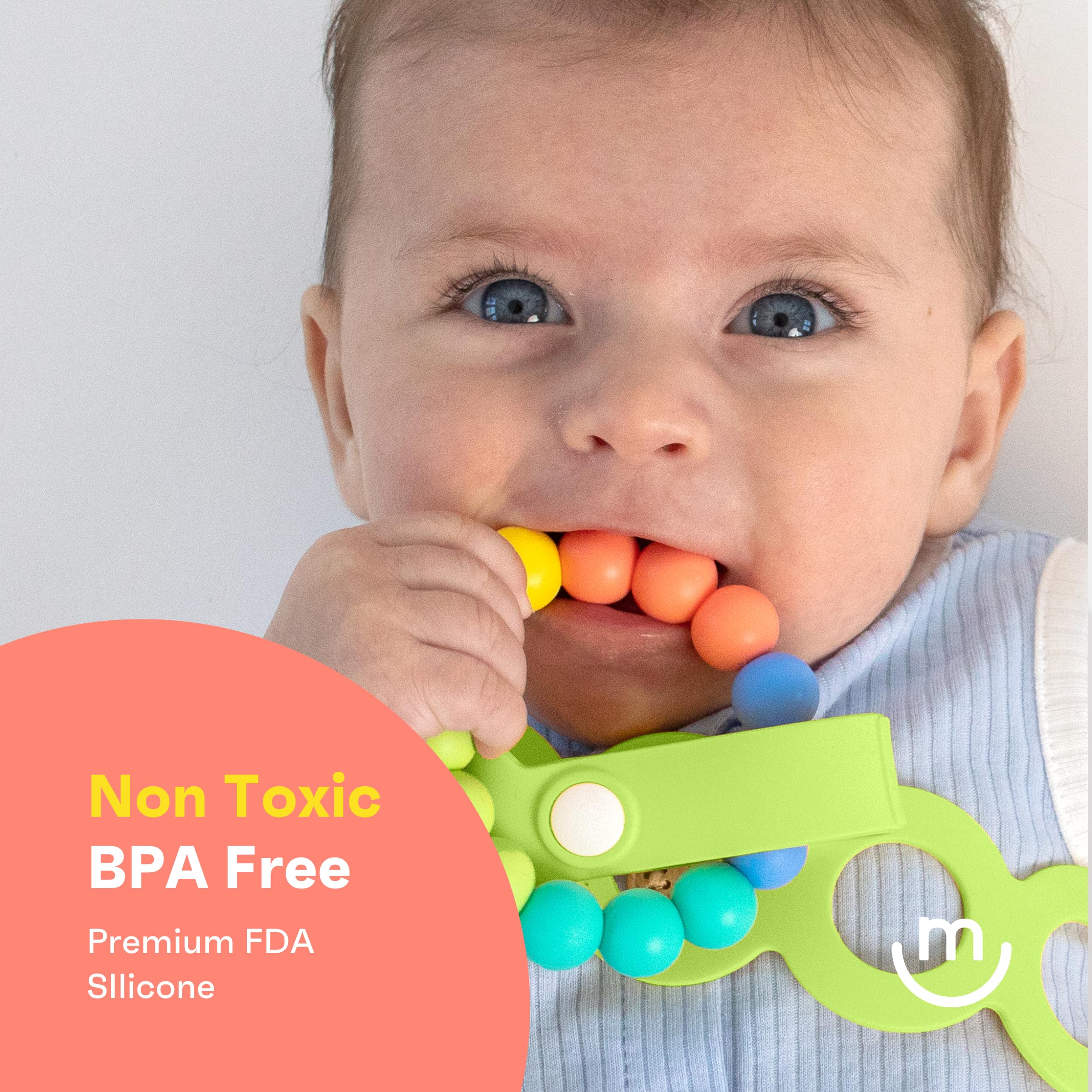 morepeas On-The-Go Tether - Stretchable Silicone Teether & Pacifier Clip - Baby Travel Essential - Stroller, Car Seat & Highchair Accessory