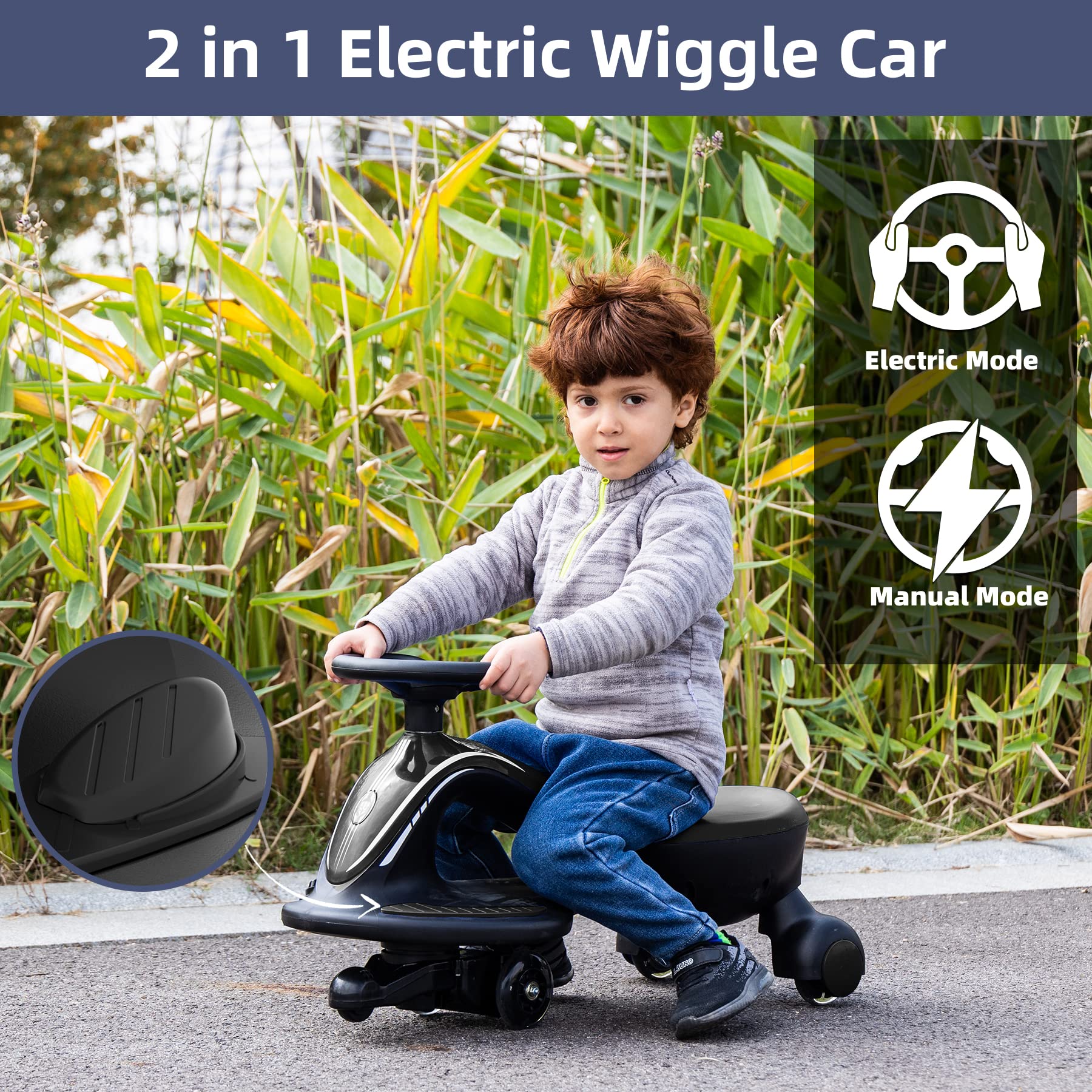 XJD Electric Wiggle Car Ride On Toy, 2 in 1 Wiggle Car Rechargeable Battery with Anti-Rollover Colorful Light-Emitting Wheel for Toddler Ride On Toys 3 Years and Up (Black)