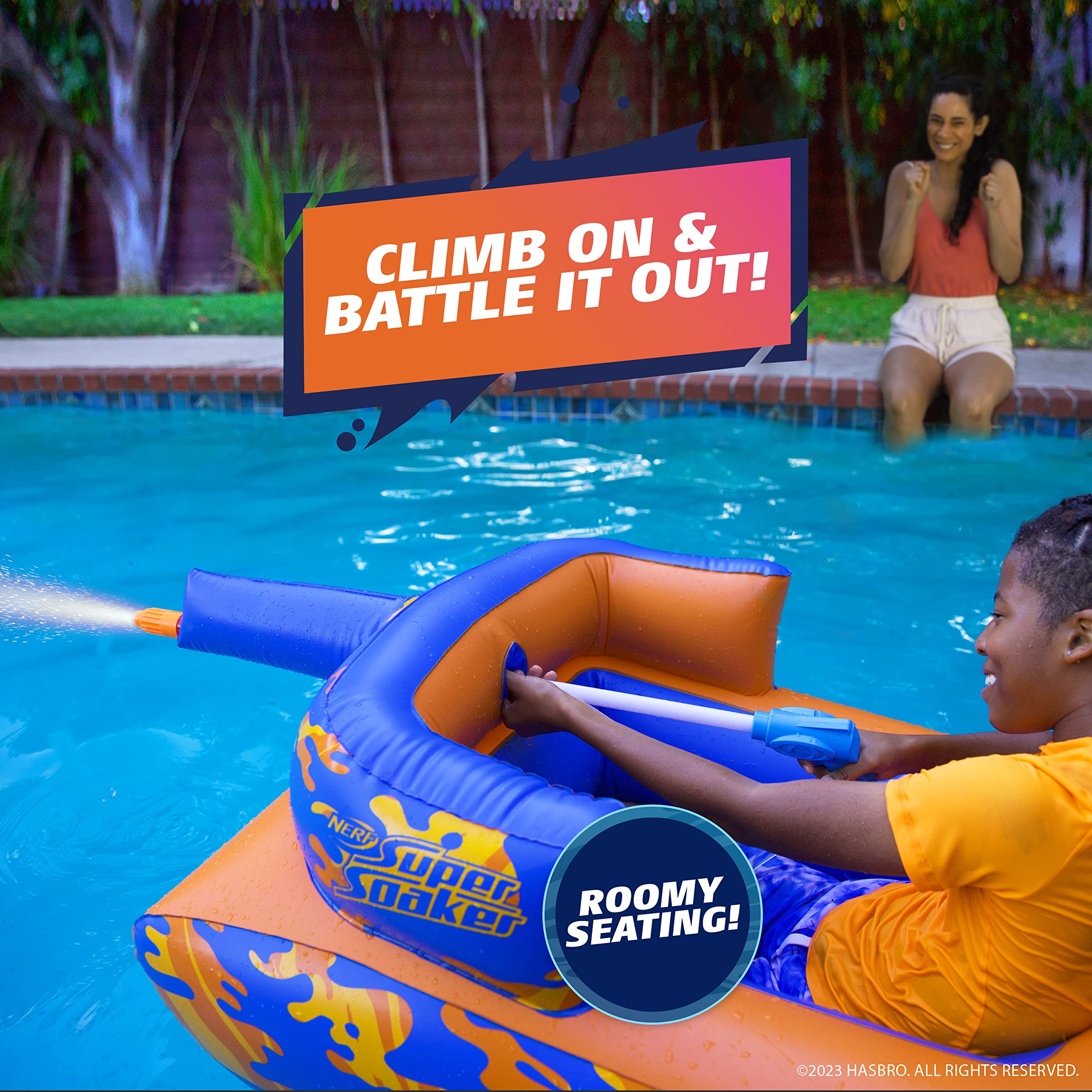 NERF Super Soaker Megaforce Battle Tank Ride-On – Inflatable Pool Float with Pool-Fed Mega Water Blaster