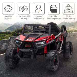 TOBBI 12V Kids Ride on Car, Electric Off-Road UTV Truck with Forward and Reverse Functions, Double Open Doors, Safety Belt, Horn, Music, and Lights for Kids Aged 3-5 Years (Red)