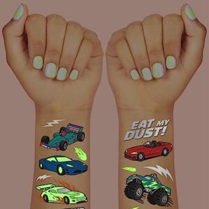 xo, Fetti Cars Glow in Dark Temporary Tattoos for Kids - 42 pcs | Monster Truck Birthday Party Supplies, Race Car Favors Decorations