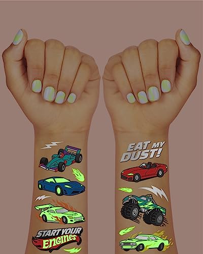 xo, Fetti Cars Glow in Dark Temporary Tattoos for Kids - 42 pcs | Monster Truck Birthday Party Supplies, Race Car Favors Decorations