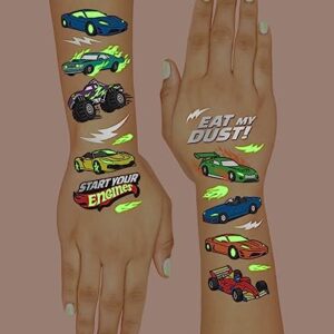 xo, Fetti Cars Glow in Dark Temporary Tattoos for Kids - 42 pcs | Monster Truck Birthday Party Supplies, Race Car Favors Decorations