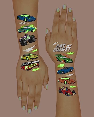 xo, Fetti Cars Glow in Dark Temporary Tattoos for Kids - 42 pcs | Monster Truck Birthday Party Supplies, Race Car Favors Decorations