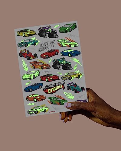 xo, Fetti Cars Glow in Dark Temporary Tattoos for Kids - 42 pcs | Monster Truck Birthday Party Supplies, Race Car Favors Decorations