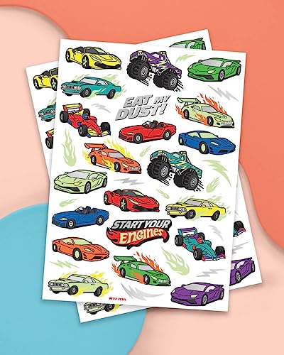 xo, Fetti Cars Glow in Dark Temporary Tattoos for Kids - 42 pcs | Monster Truck Birthday Party Supplies, Race Car Favors Decorations