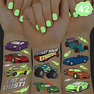 xo, fetti cars glow in dark temporary tattoos for kids - 42 pcs | monster truck birthday party supplies, race car favors decorations