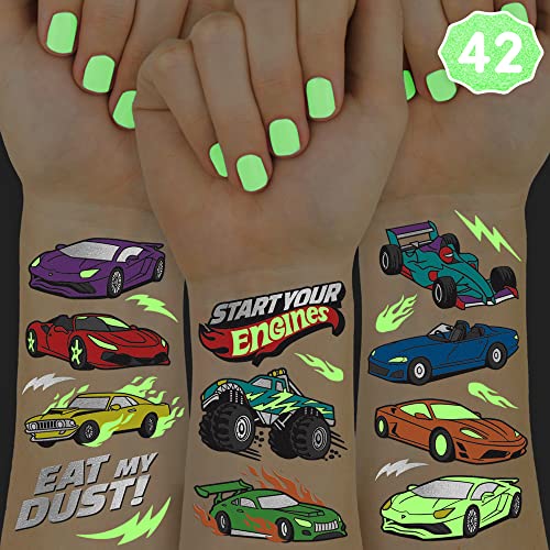 xo, Fetti Cars Glow in Dark Temporary Tattoos for Kids - 42 pcs | Monster Truck Birthday Party Supplies, Race Car Favors Decorations