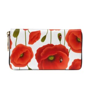 Long Handbag Purse Wristlet Bag Card Holder Wallet-Red Poppy Flower Ladybug Leather Wallet For Women Men