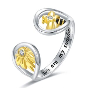 wouovo sunflower bee rings for women - 925 sterling silver adjustable ring you are my sunshine ring chrismas mother's day birthday jewery gift for teen girls mom