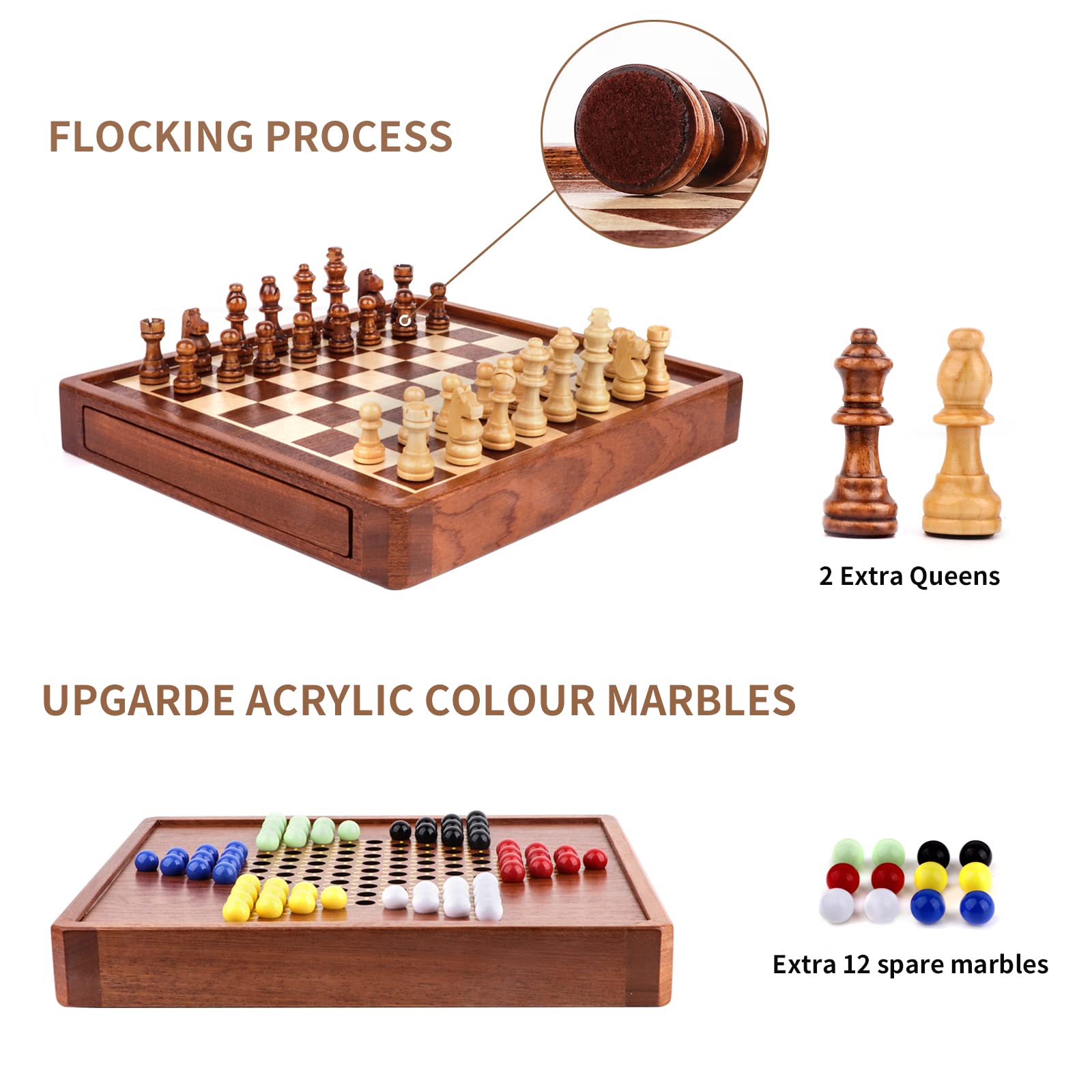 Chinese Checkers, Wooden Chess and Chinese Checkers Game Set, OOCOME Magnetic Chess Set, 2 in 1 Chess & Checkers Board Games with with Storage Drawer -Walnut Box